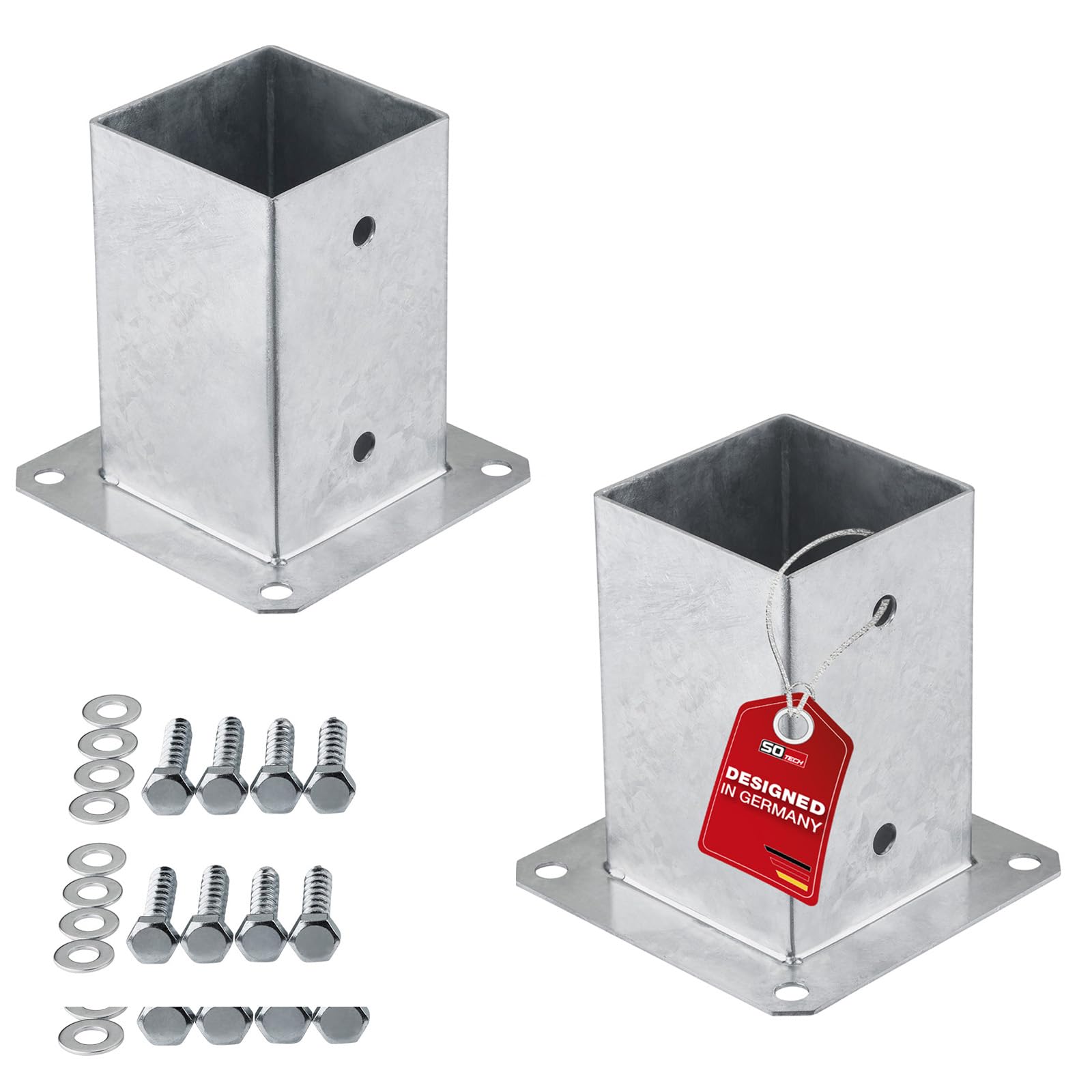 SOTECH SET de 2 ancres à visser carrées 90 x 90 mm, 152 mm de hauteur, acier galvanisé à chaud, douille pour bois carré - optimal pour l'extérieur