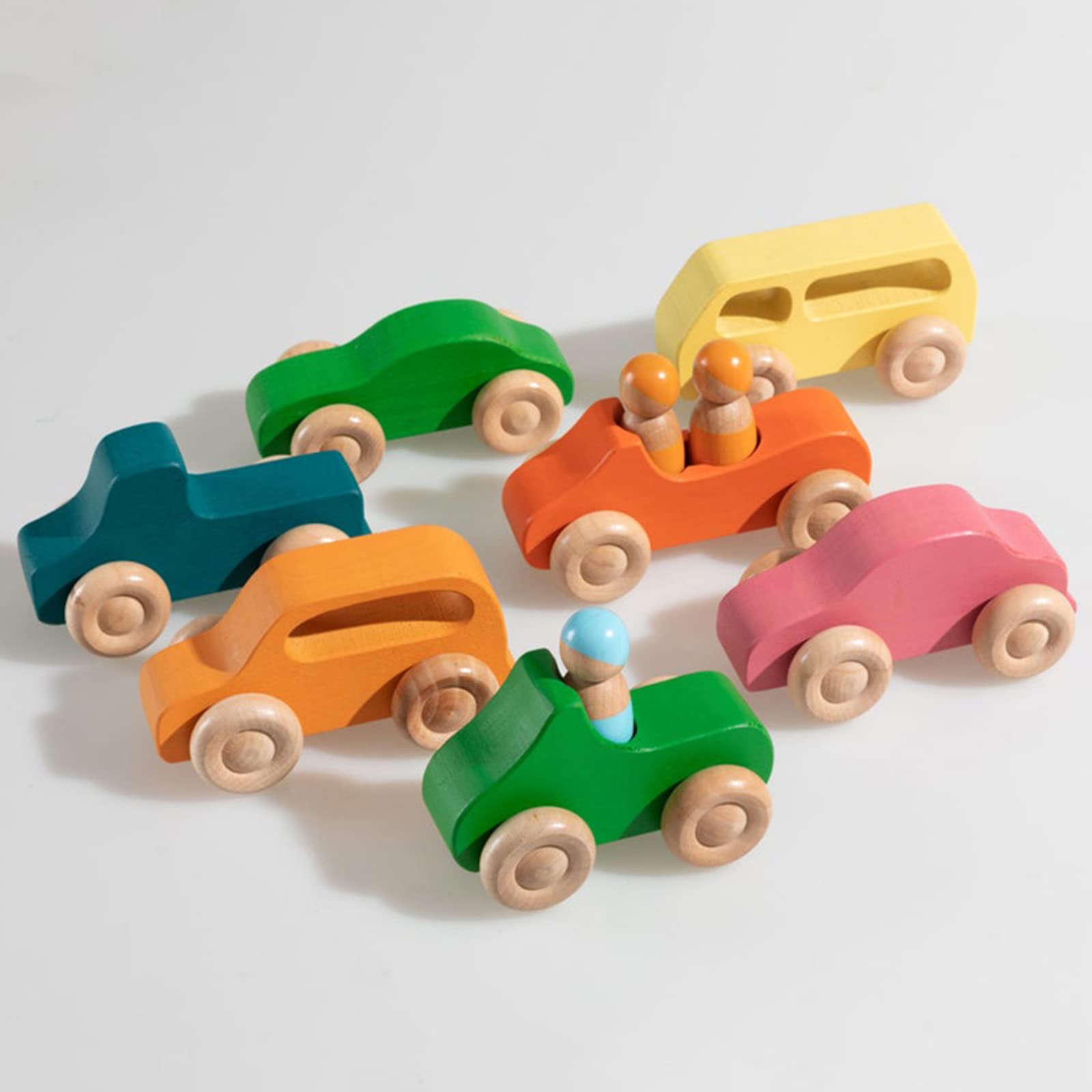 Buy Wooden Car Set of 7 Rainbow Painted Cars with Peg Dolls, Montessori