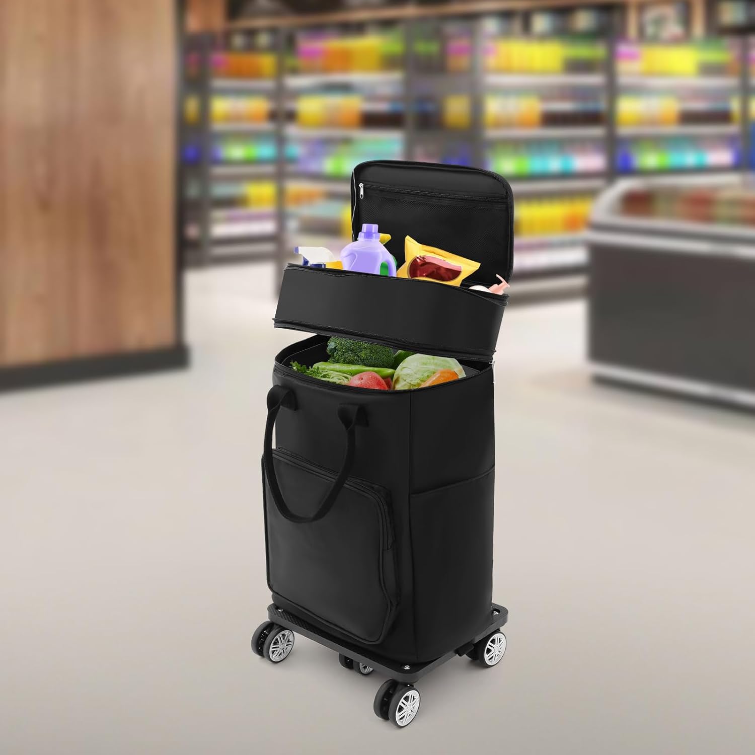 2-in-1 Foldable Shopping Cart with Wheels - 55lbs Heavy-Duty Grocery Utility Dolly, Removable Waterproof Bag & Adjustable 37.8" Handle, 5 TPE Wheels for Stairs, Travel, Apartment, Camping (Black)