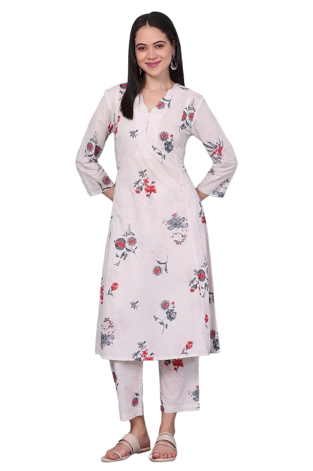U.S. Polo Assn. Off-White Floral Printed Pure Cotton A-line Kurta and Pants Co-ord Set in white