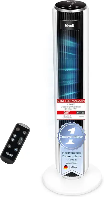 Levoit-Turmventilator mit Fortschrittlichem Schlafmodus-Ventilator leise 12Std Timer 4 Modi 5 Geschwindigkeiten-Automatikbetrieb mit Sensor-Oszillation Tower Fan mit Fernbedienung Weiß 92CM