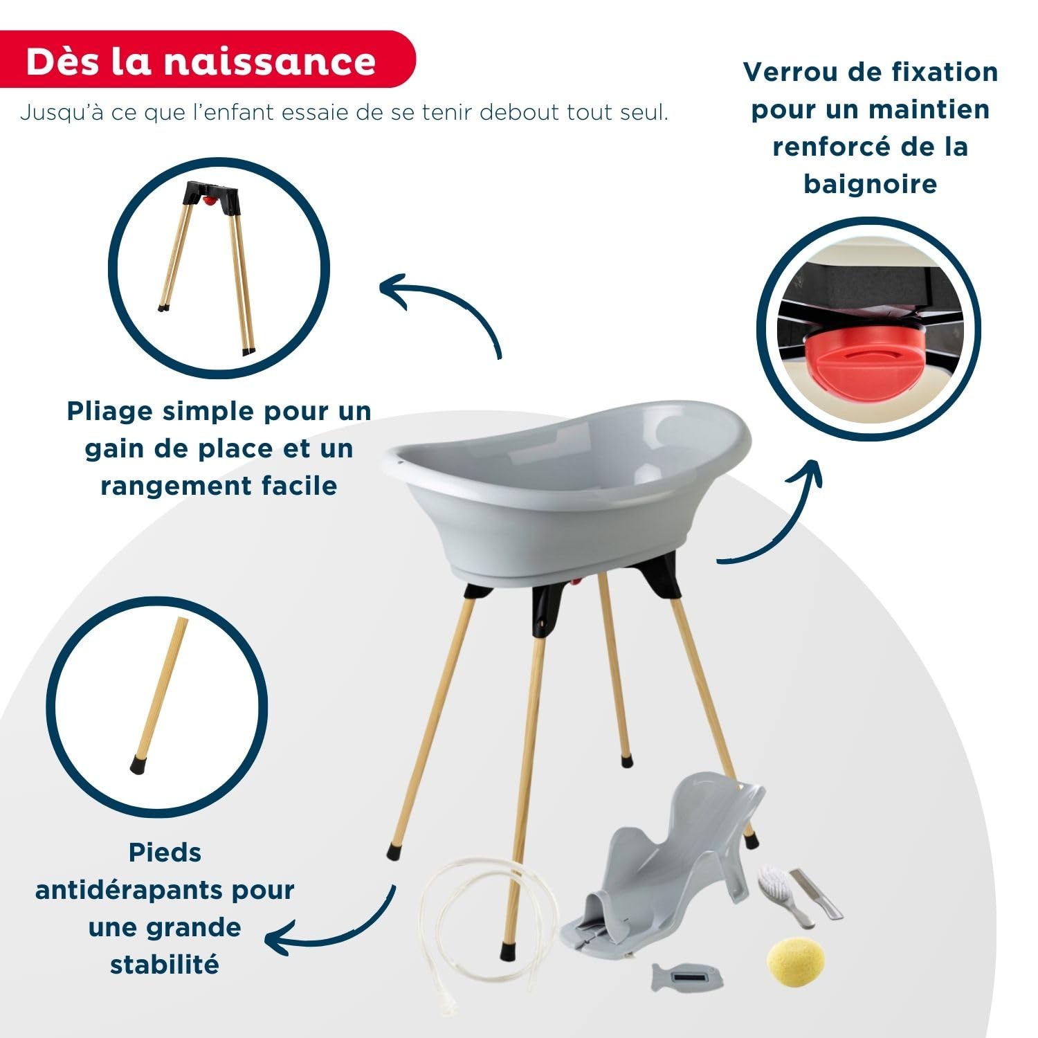 THERMOBABY - Pack Bain Bébé Vasco 7 en 1 Gris - Baignoire + Pied + Vidange + Transat de bain réglable + Thermomètre + Eponge + Brosse et peigne - Fabriqué en France