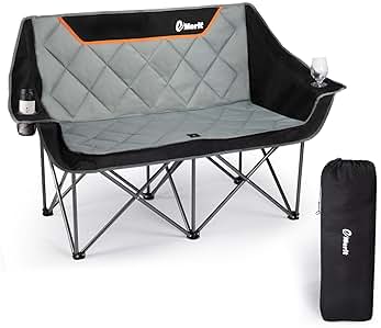 EMERIT Oversized Double Duo Camping Chair Folding Camping Loveseat 2 Person Camping Couch Heavy Duty Lawn Chairs for Outside with Padded Seats & Armrests-Support 650LBS