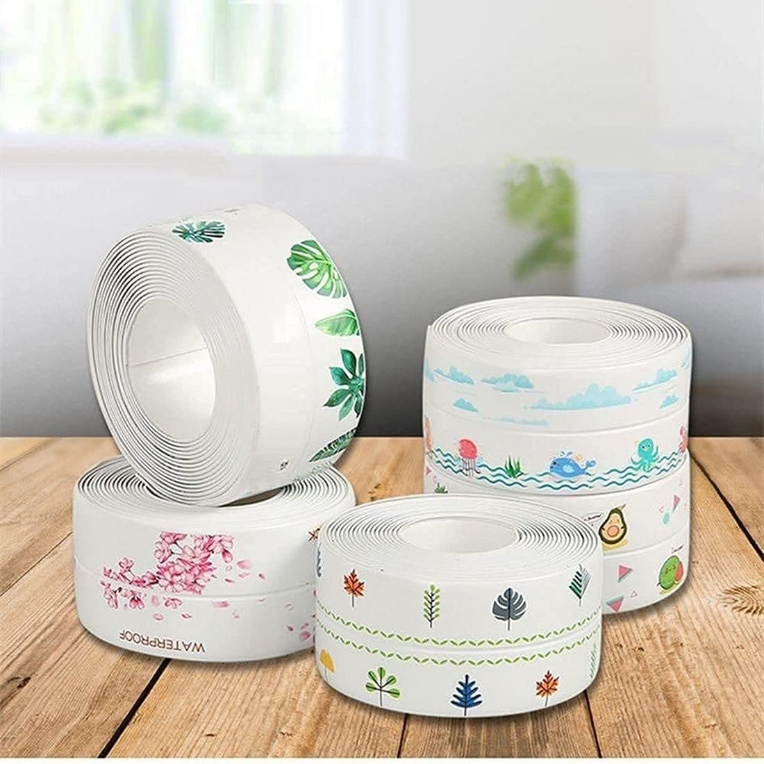 Krishna Zone Oil Proof Caulk Tape Strip PVC Self Adhesive Caulking Sealing Tape for Kitchen Sink Platform Toilet Bathroom Shower and Bathtub, 3.2m*3.8cm (Multi Print -1pcs) 3