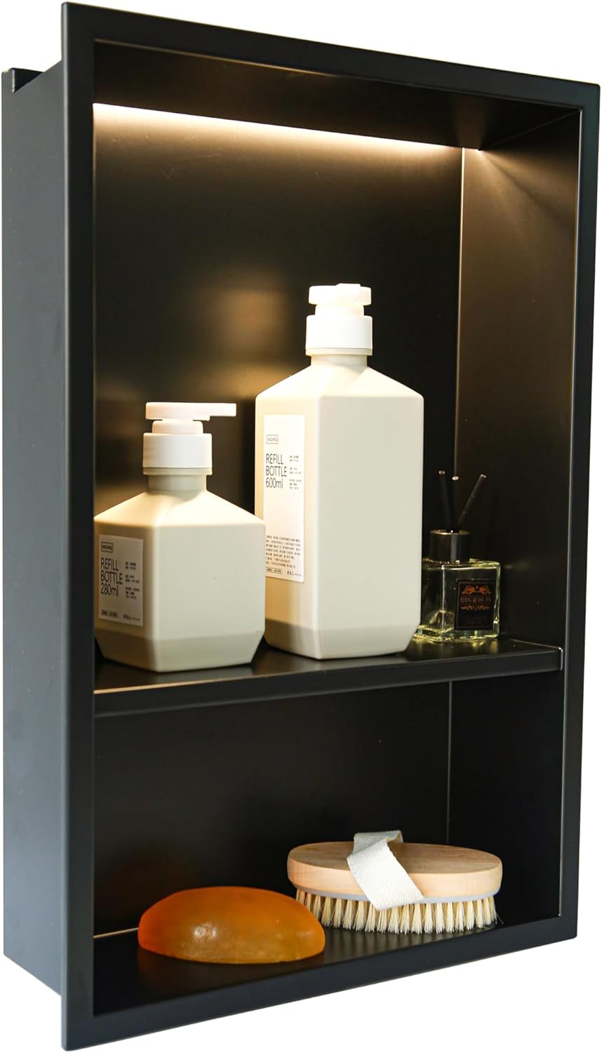 Stainless Steel Bathroom Shower Niche with LED Light,No Tile Needed Recessed Wall Niche,Double-Shelves for Lighting and Storage,Matte Black? 12"X18"