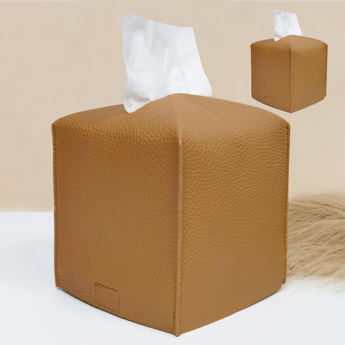 Photo 1 of HOMOTEK 2 Pack Tissue Box Cover, Square PU Leather Tissue Holder, Decorative Facial Tissue Cube Paper Organizer Dispenser for Bathroom, Night Stands, Desk, Car 5X5X5'' - Camel, Pebble Grain