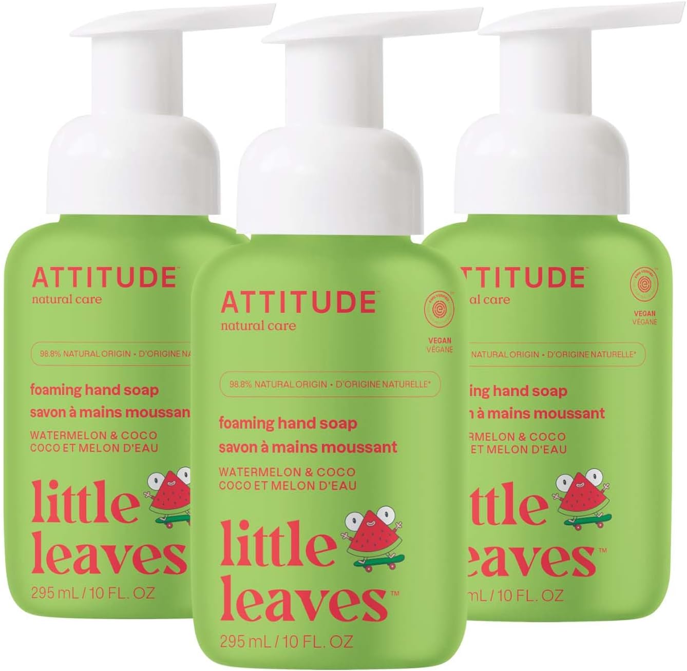 ATTITUDE Foaming Hand Soap for Kids, EWG Verified, Dermatologically Tested, Plant- and Mineral-Based Ingredients, Vegan, Watermelon & Coco, 10 Fl Oz (Pack of 3)