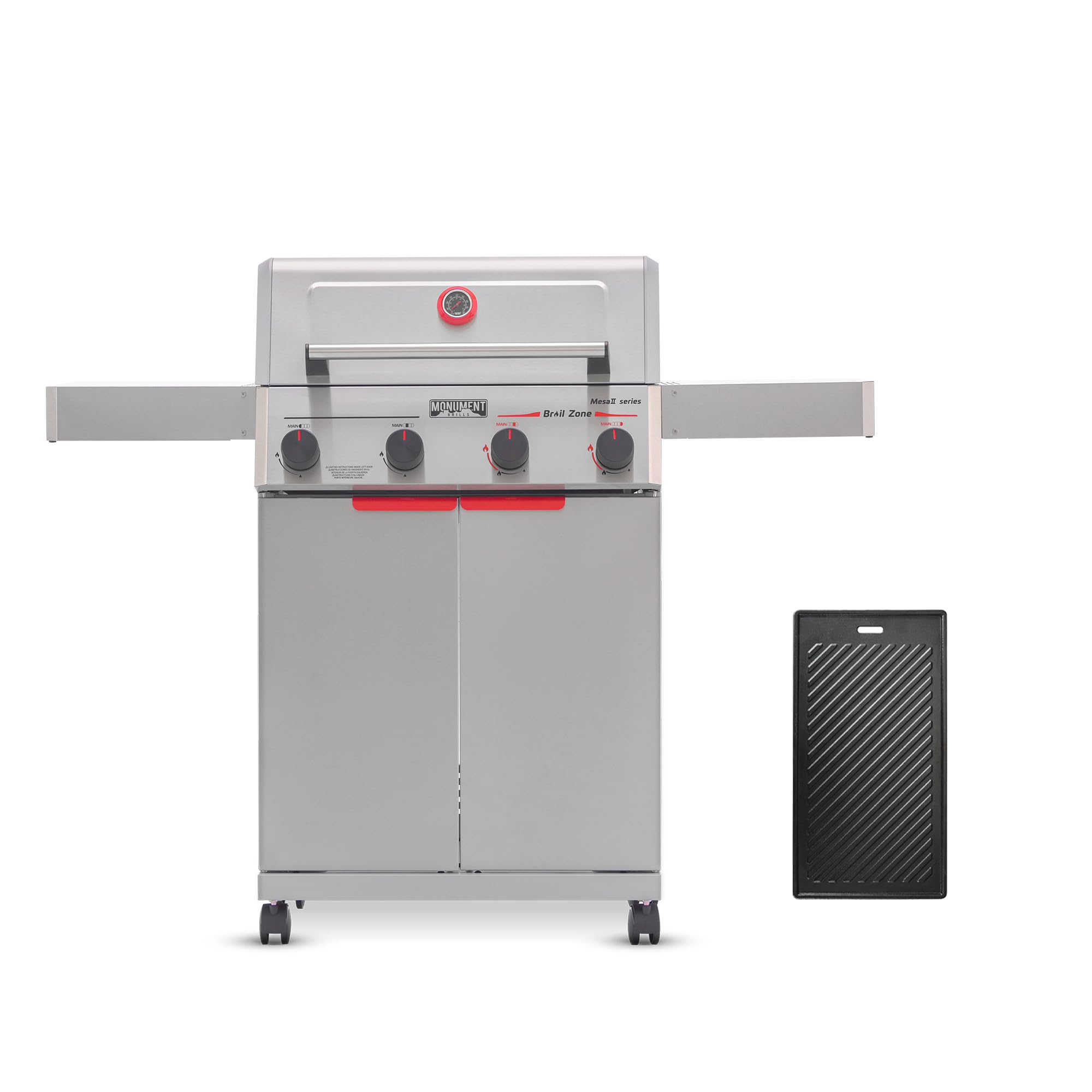 Monument Grills 4 Burner Stainless Steel Propane Gas Grill M2, 500°F in 5 Mins, 525 sq.in, 37,000 BTU, with Broil Zone, Foldable Side Shelves, Knob Controls, Built in Thermometer, with Cooking Plate