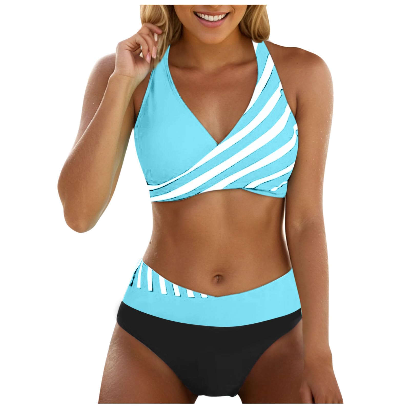 Maillot De Bain Femme 2 Pièces Taille Haute Vintage - Bikini Push Up Col V Chic Élégant