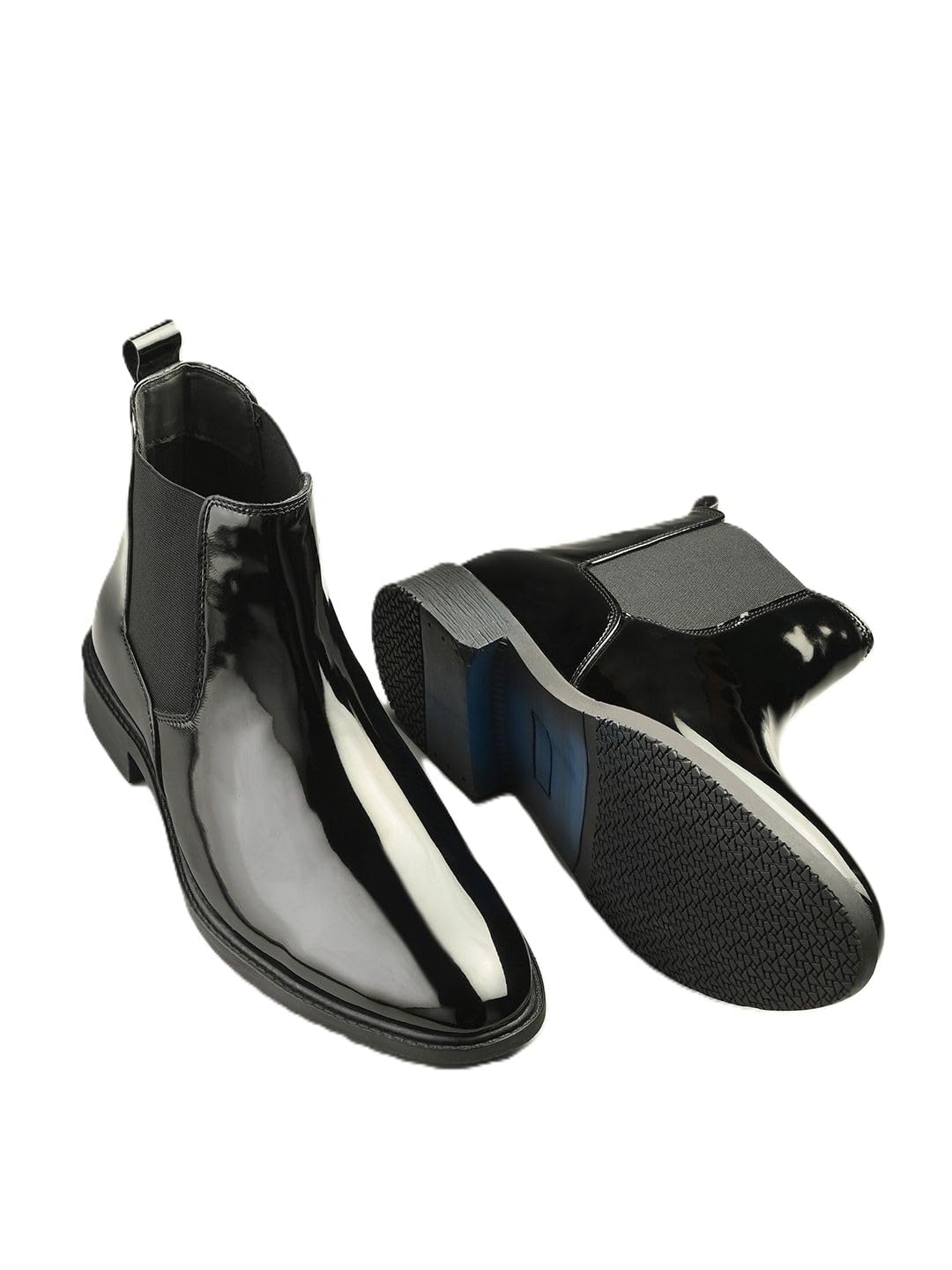 Men's Patent Slim-Heeled Leather Chelsea Boots, Black, Slip-on Style, Elastic Side Panels, Non-Slip Sole, Formal Dress Boots