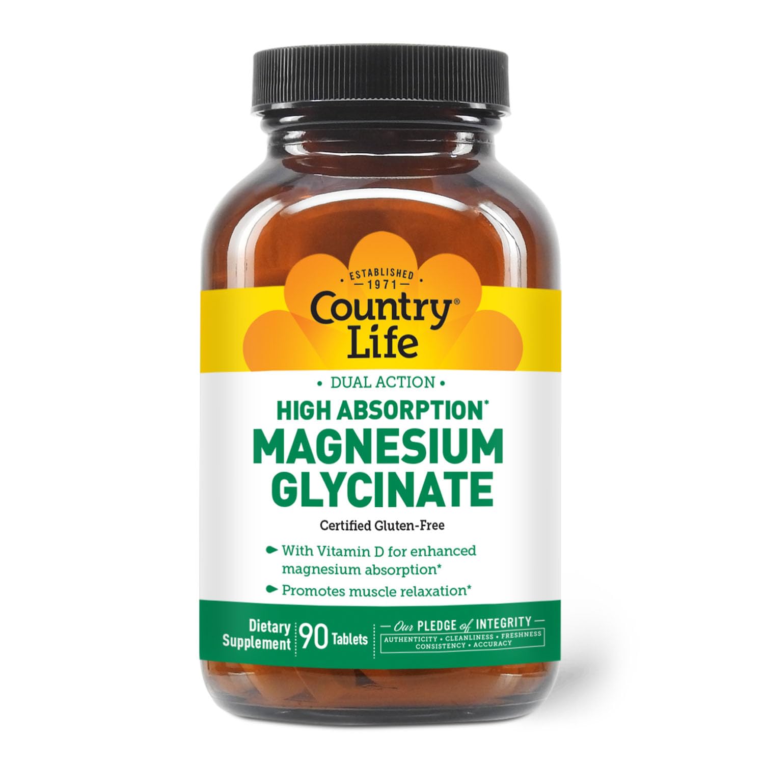 Country Life Magnesium Glycinate 350 mg with Vitamin D3, 90 Tablets