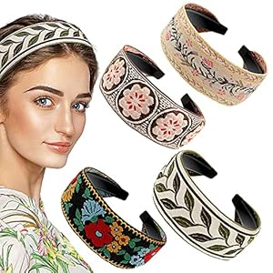 EBOOT 4 Pieces Boho Headband for Women Embroidery Wide Hair Band Bohemia Floral Knotted Wide Headbands Vintage Ethnic Style Girls Accessories(Classic Pattern)