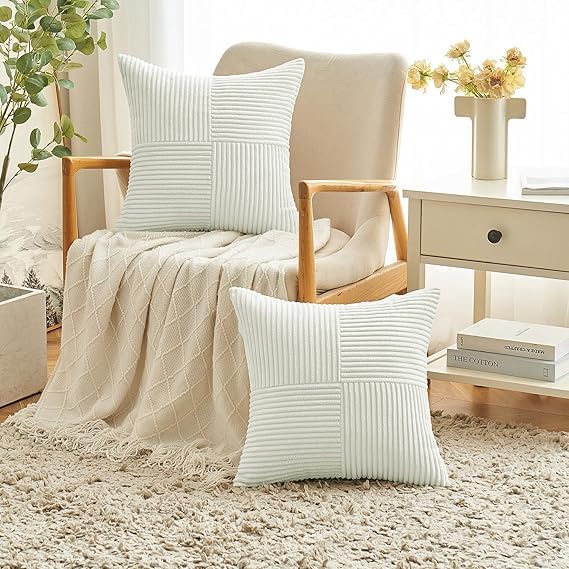 Image of Guffaw Corduroy Pillow Covers Boho Decorative Spliced Throw Pillow Covers Soft Solid Couch Pillowcases Cross Patchwork Cushion Covers for Living Room Bed Sofa 16x16 inch (1, White)