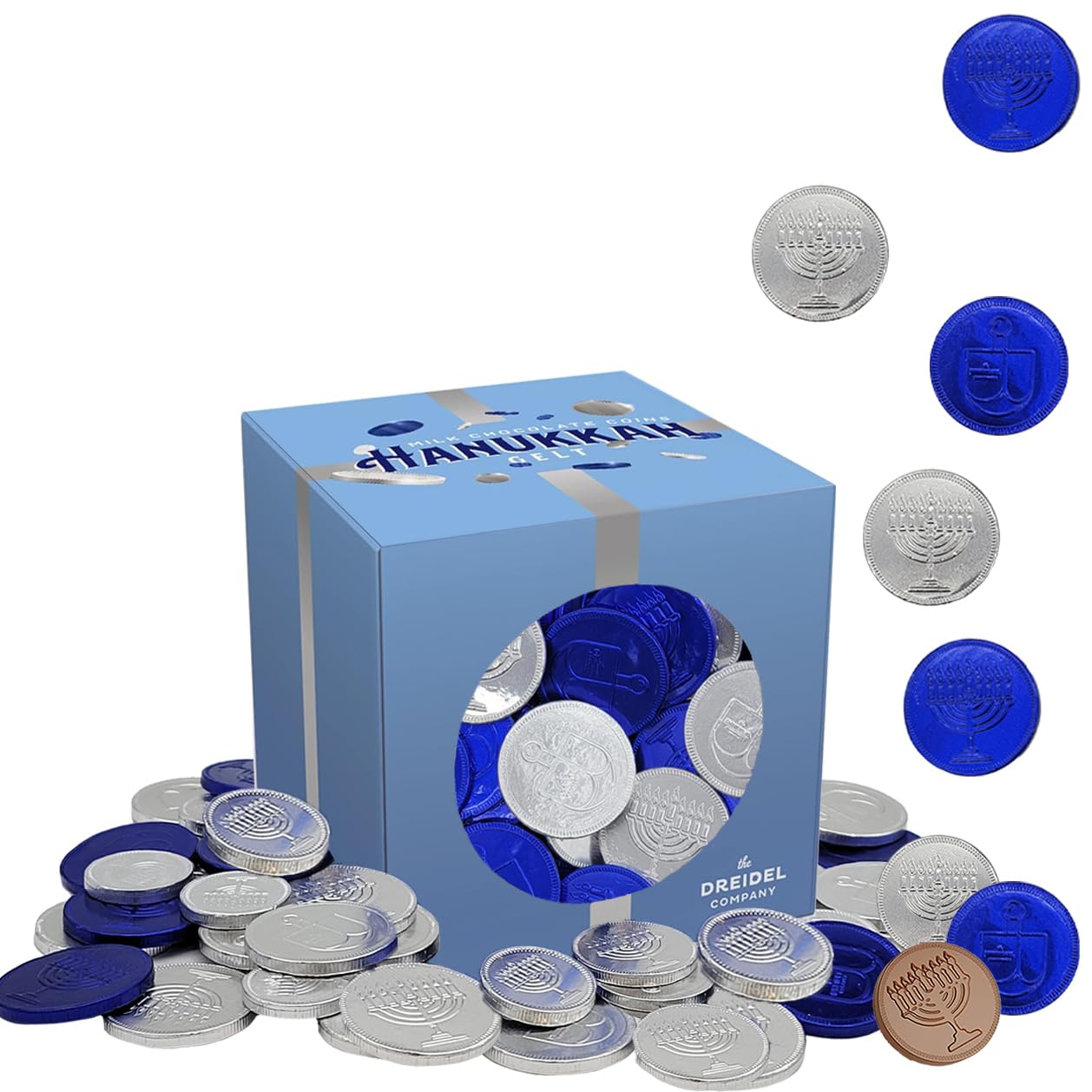 The Dreidel Company Hanukkah Chocolate Coins, Nut-Free, Belgian Blue and Silver Milk Chocolate Coin, Kosher Hanukkah Gelt in Gift Box (Single-Pack (1 Pound))