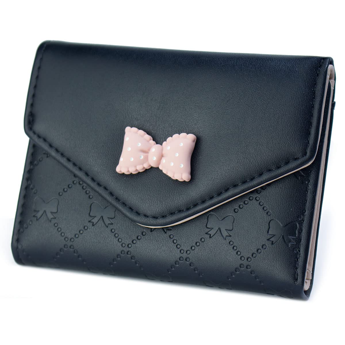 SUMGOGO Womens Girls Wallet Cute Bowknot Trifold Wallet Leather Purse Small Slim Short Wallet Cash Card Holder Bag (Black)