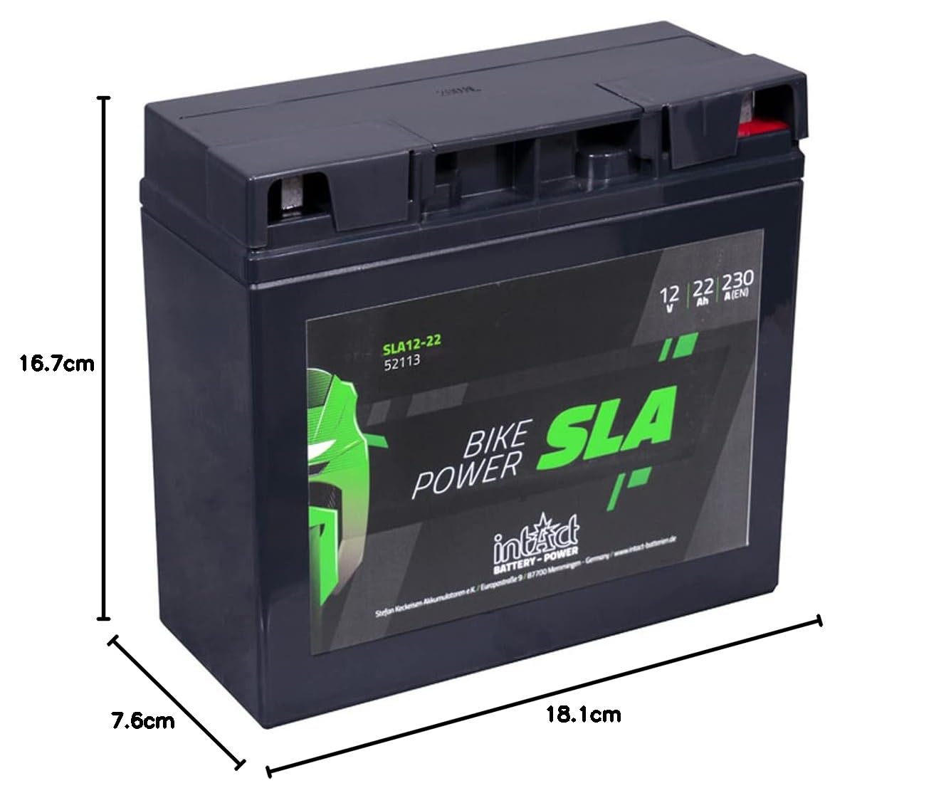 intAct - Bike-Power SLA12-22, 52113, Batería de moto 12V 22Ah 230A (EN), batería AGM para scooter, moto, quad, tractor de césped y muchos más, batería sin mantenimiento y a prueba de fugas