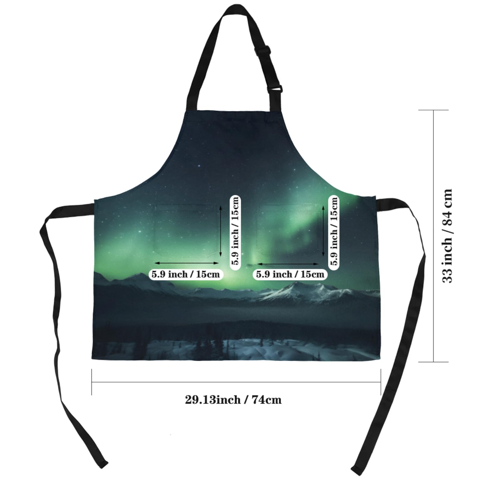 Aurora Borealis Mountain Chef Apron with Pockets Adjustable Shoulder Strap Waterproof Cooking Apron for Kitchen Baking Gardening Pottery Painting