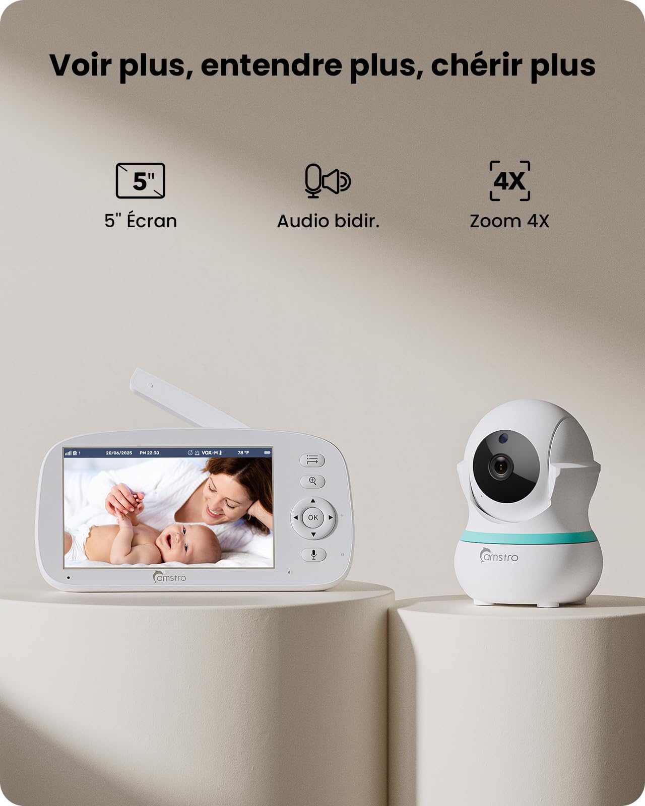 Babyphone Caméra, 5" BabyPhone 360° Zoom 4X Vision Nocturne Audio Bidirectionnel, 5000mAh Batterie, Rappel Alimentation, Berceuses, Détection Pleurs VOX sans WiFi, Détection Température