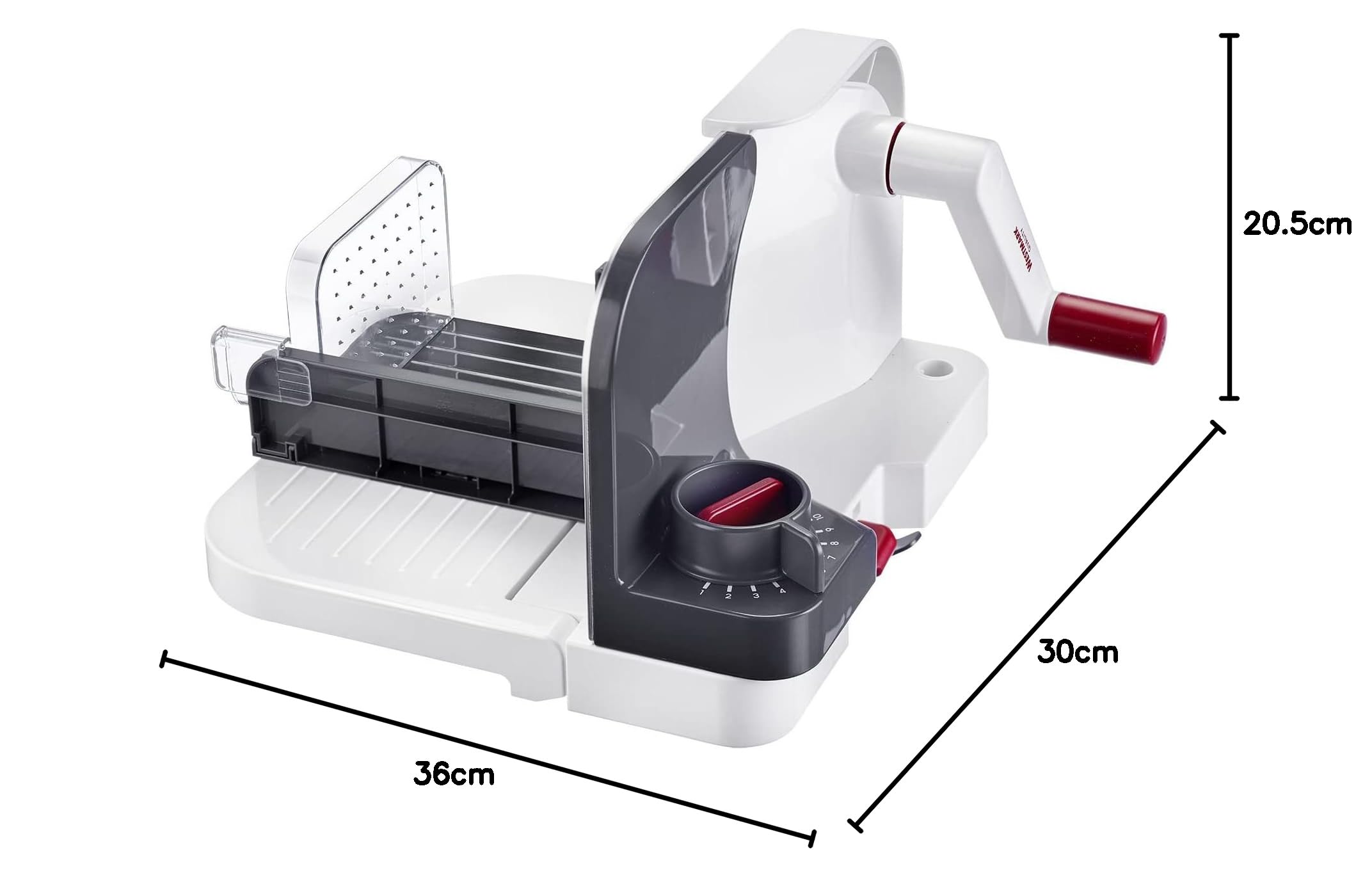 Westmark Taglierina Universale, Spessore di Taglio Regolabile in Continuo, Coltello Rotondo Molto affilato, plastica/Acciaio Inossidabile, Compatto, Bianco/Antracite/Rosso, 97012260