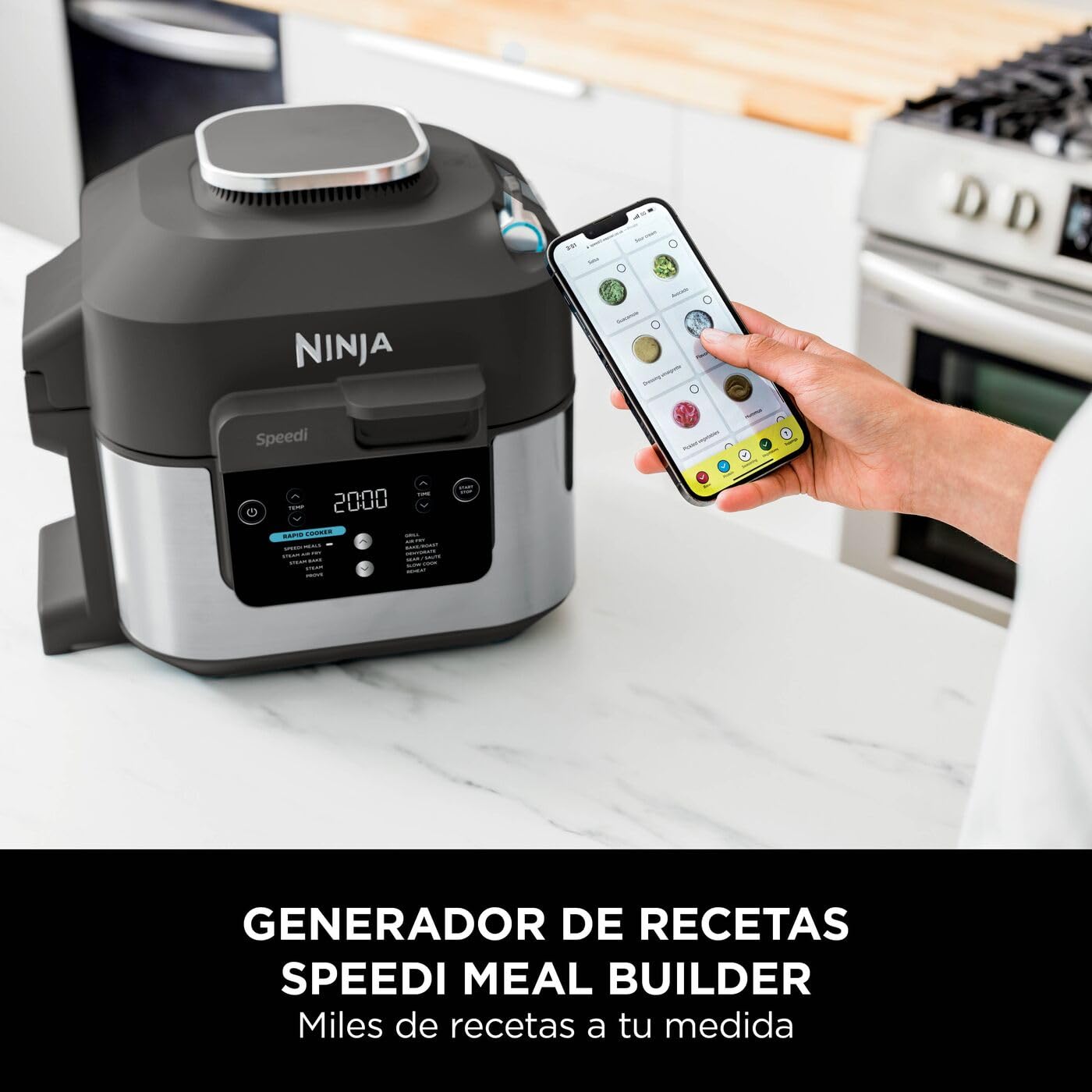 Ninja Speedi Olla Exprés Multifunción Rápida, Olla Eléctrica con Freidora Aire 5,7L, 10 en 1, Freidora sin Aceite, Horno, Cocción Lenta, al Vapor y más, 4 Porciones en 15min, Negro ON500EU