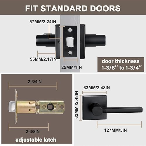 Miniatura 5 de Manija de puerta de paso resistente, manija de puerta cuadrada negra mate, cerradura de puerta interior sin bloqueo para pasillo y armario,