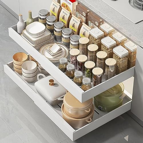 ABJA [ Popular in US Market: Pull-Out Cabinet Organizer] Large 30-50 W*43 L CM Expandable Heavy Duty Rack with Adhesive Nano Film (Large, White, 1 Pack)
