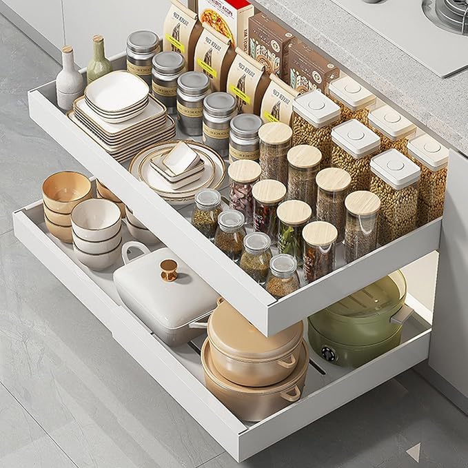 ABJA [ Popular in US Market: Pull-Out Cabinet Organizer] Large 30-50 W*43 L CM Expandable Heavy Duty Rack with Adhesive Nano Film (Large, White, 1 Pack)