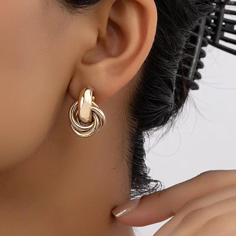 3 Pairs Chunky Gold Plated Knot Earrings Geometric Drop Dangle Earrings Long Twisted Link Earrings Statement Earring Trendy Jewelry for Women - Image 3