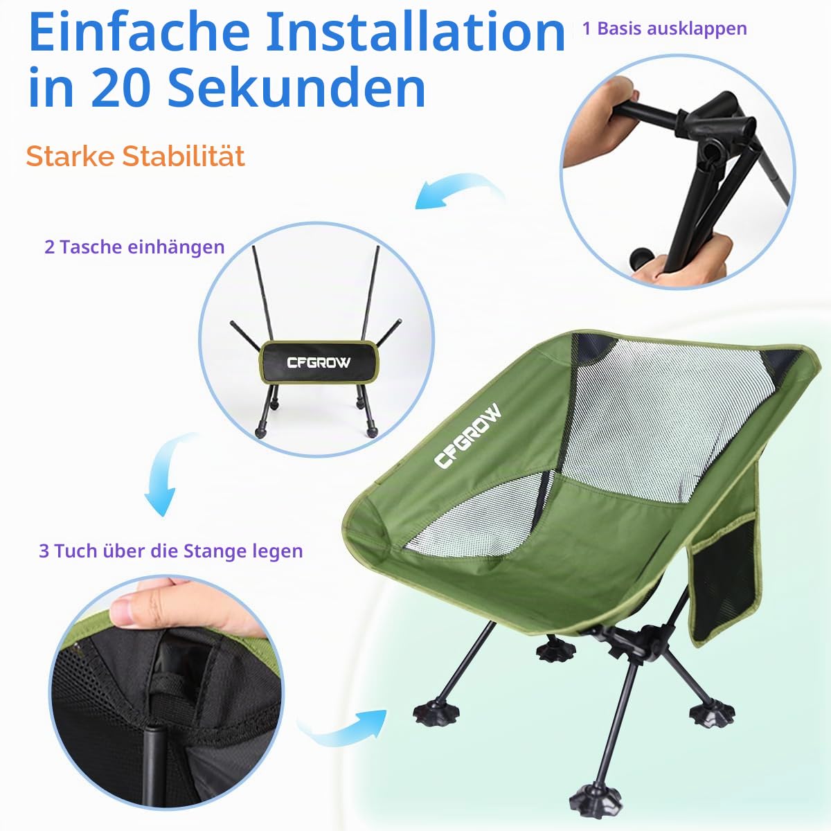 CFGROW Campingstuhl Faltbar, Tragbarer Campingstühle 150Kg Faltstuhl Ultraleichter Kleines Packmaß Klappstuhl mit Tragetasche für Picknick Angeln Garten Wandern Outdoor Rucksackreisen (Grün)