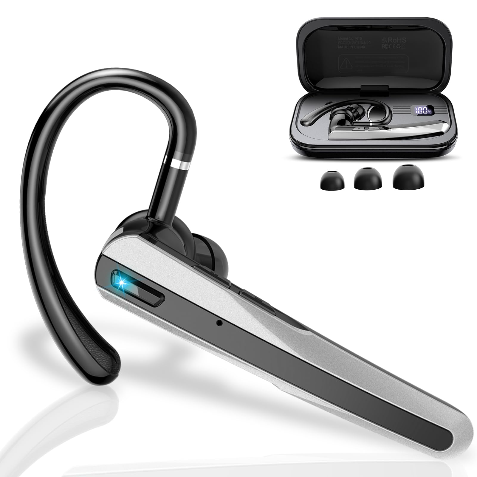Bluetooth Headset V5.3, Wireless Headset with ENC Noise Canceling Mic, 120Hrs Talk Single-Ear Bluetooth Earpiece, LED Display, Deep Black-image-44