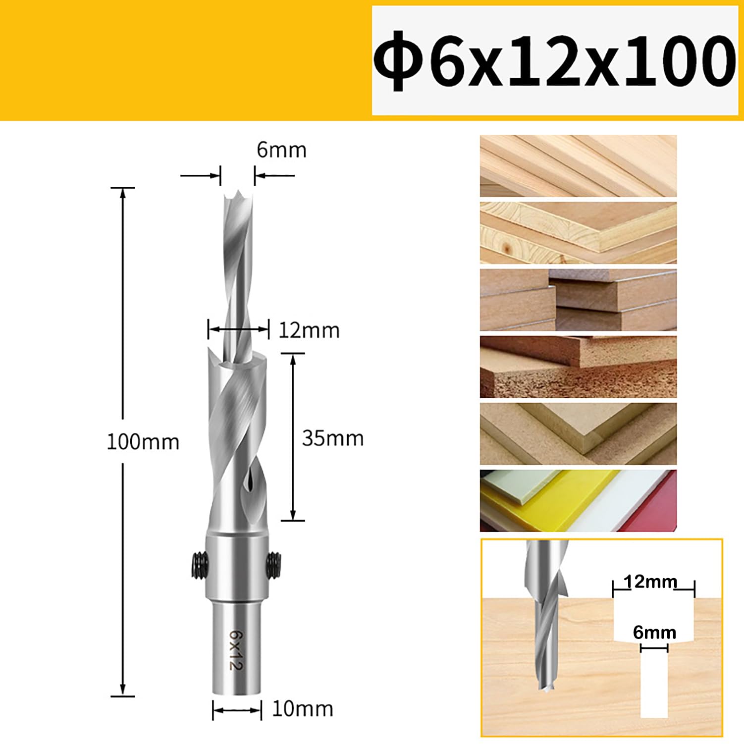 Countersink bits for Wood, Woodworking Step Countersink Drill Bit with Adjustable Depth Stop Chamfering Counterbore Drilling with Double Hole Opener Bit, 1Pcs(6x12x100mm)