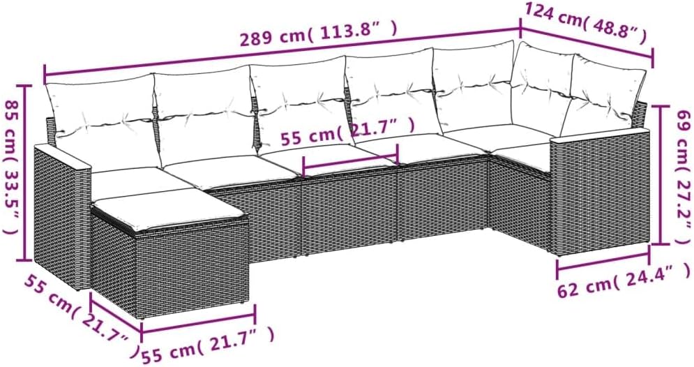 vidaXL 7 Piece Black Poly Rattan Patio Sofa Set with Blue Cushions - Outdoor Modular Garden Furniture for Terrace, Backyard, Deck