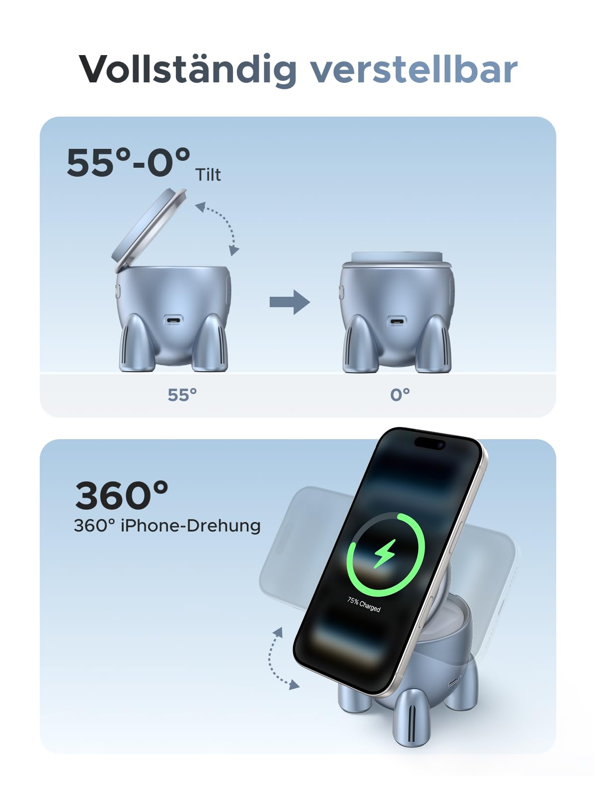 UGREEN UNO Qi2 25 W 2-w-1 Magnetyczna Stacja Ładująca w Kształcie Rakiety | Kompatybilna z iPhone'em 17-12, AirPods, Watch, regulowana pod kątem 70°, z zasilaczem 45 W i kablem