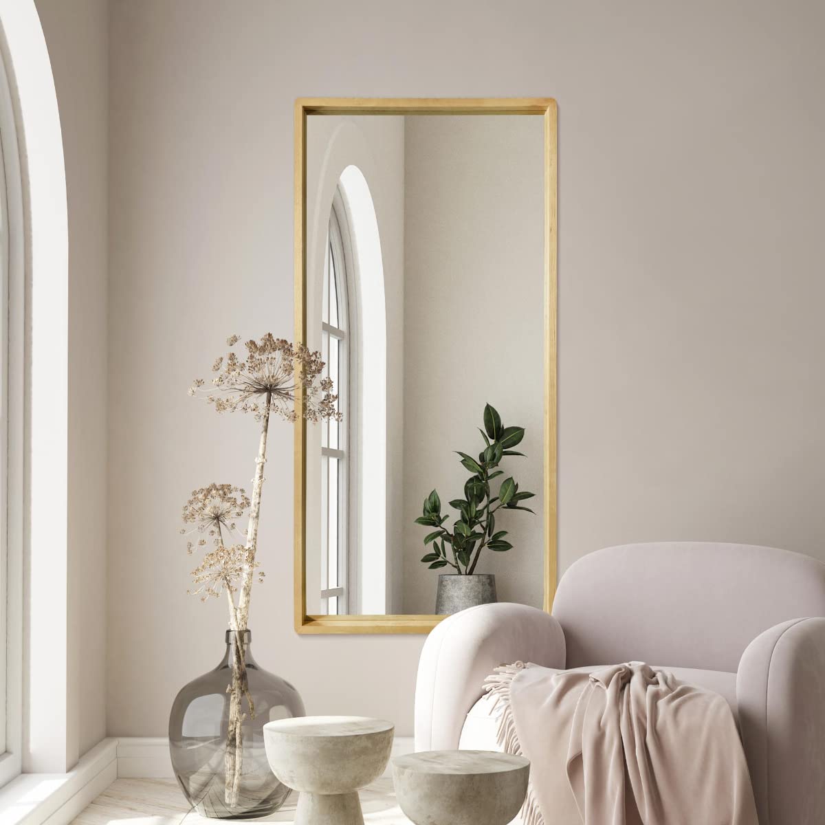 Mirroroutlet Brown The Naturalis - Solid Oak Rounded Corners Modern Full Length Leaner Wall Mirror 63" X 31" (160Cm X 80Cm) 48M Deep Frame Premium Mirror Glass With Black Backing,