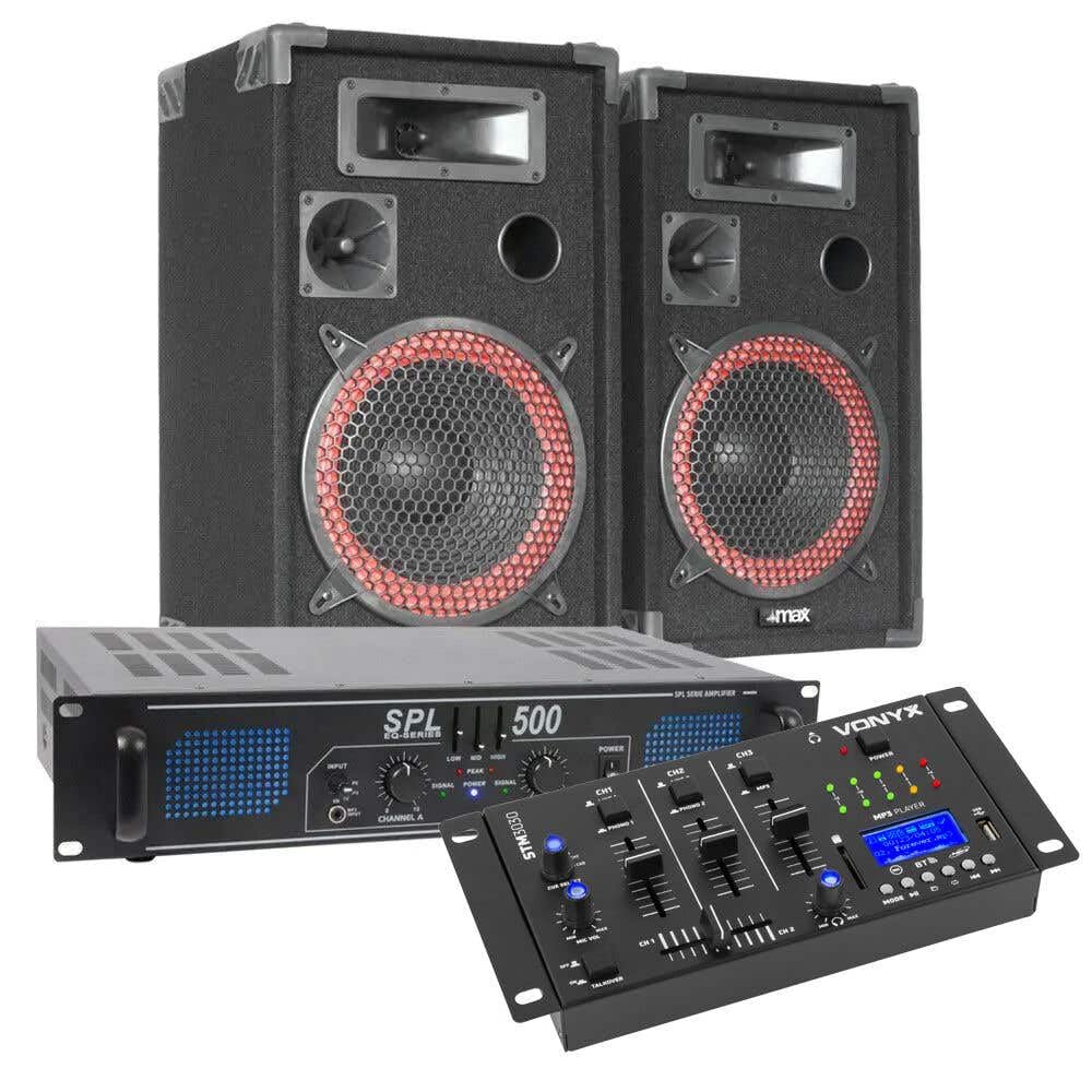 VONYX SKYTEC Kit DJ Complet - Enceinte 500W, Amplificateur Puissant 2X 250W avec Table de Mixage