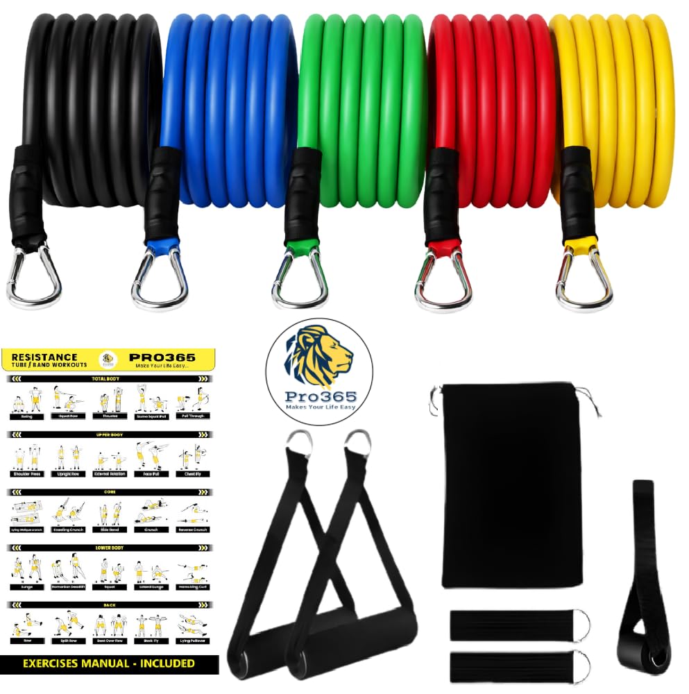 PRO365 11 in 1 Resistance Band Kit for Home Exercises, Stretching, Toning Tube Kit with Foam Handles, Door Anchor (Ankle Strap, Carrying Bag, Exercise Manual Included)-image-39