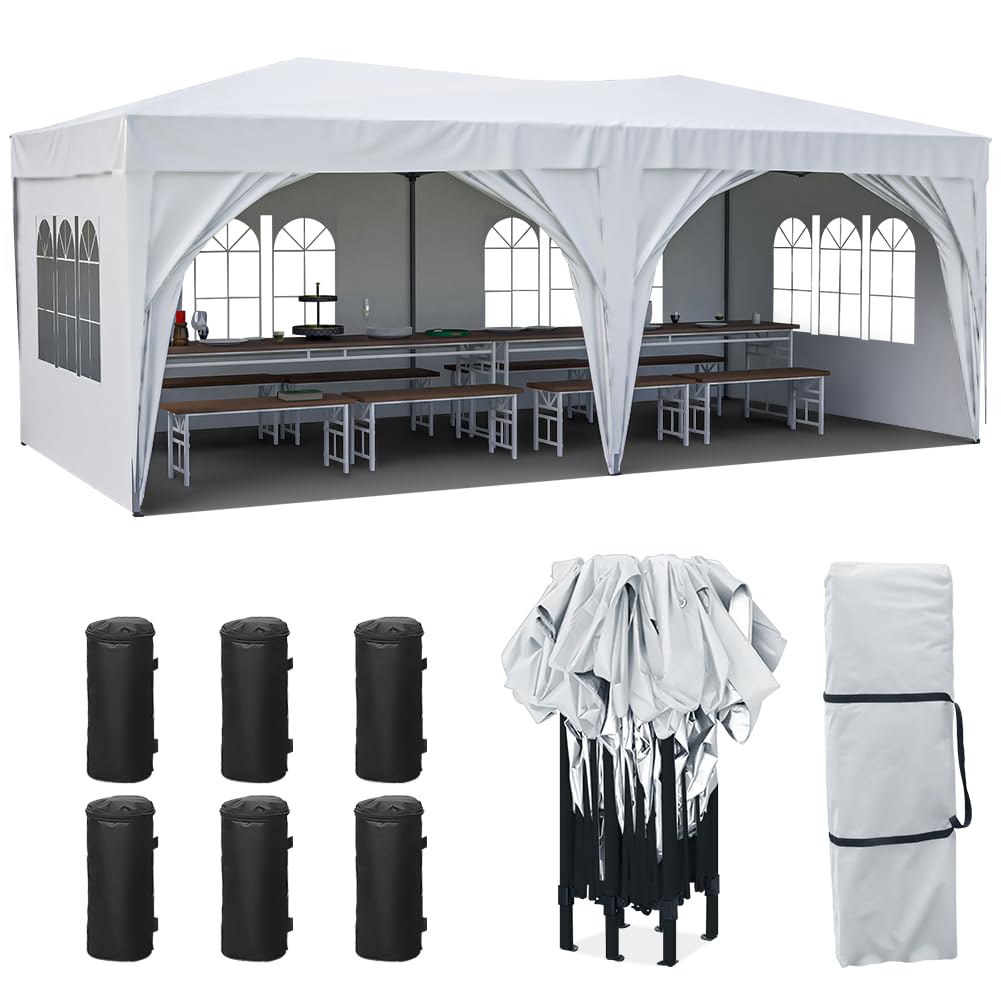Rovibek 10x20 Pop Up Canopy Tent with Sidewalls Party Tents for Parties Heavy Duty Outdoor Waterproof Tent for Backyard Party Garden Beach, with Carrying Bag, 6 Pcs Weight Bags, White