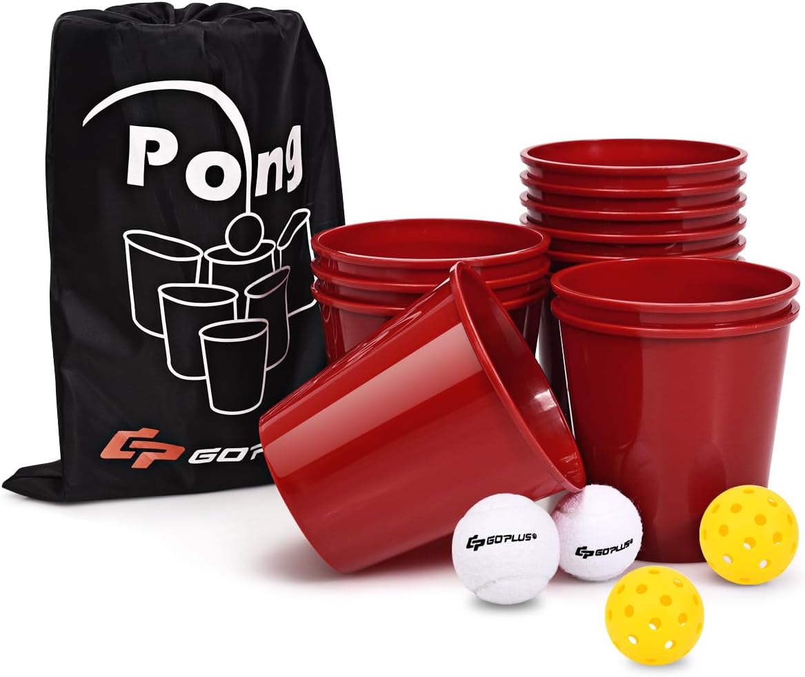 Goplus Yard Pong, Giant Outdoor Games Pong Set with 12 Buckets, 2 Balls and a Carry Bag, Toss Game for Beach, Backyard, Lawn, Party, Camping, Tailgate Game for Family and Friends