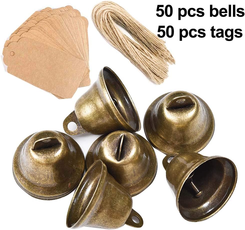 Awtlife 50 pcs Vintage Bronze Jingle Bells with Card Tag for Dog Potty Training Wedding Decor Making Wind Chimes Christmas Bell 1.7 X 1.5 Inches
