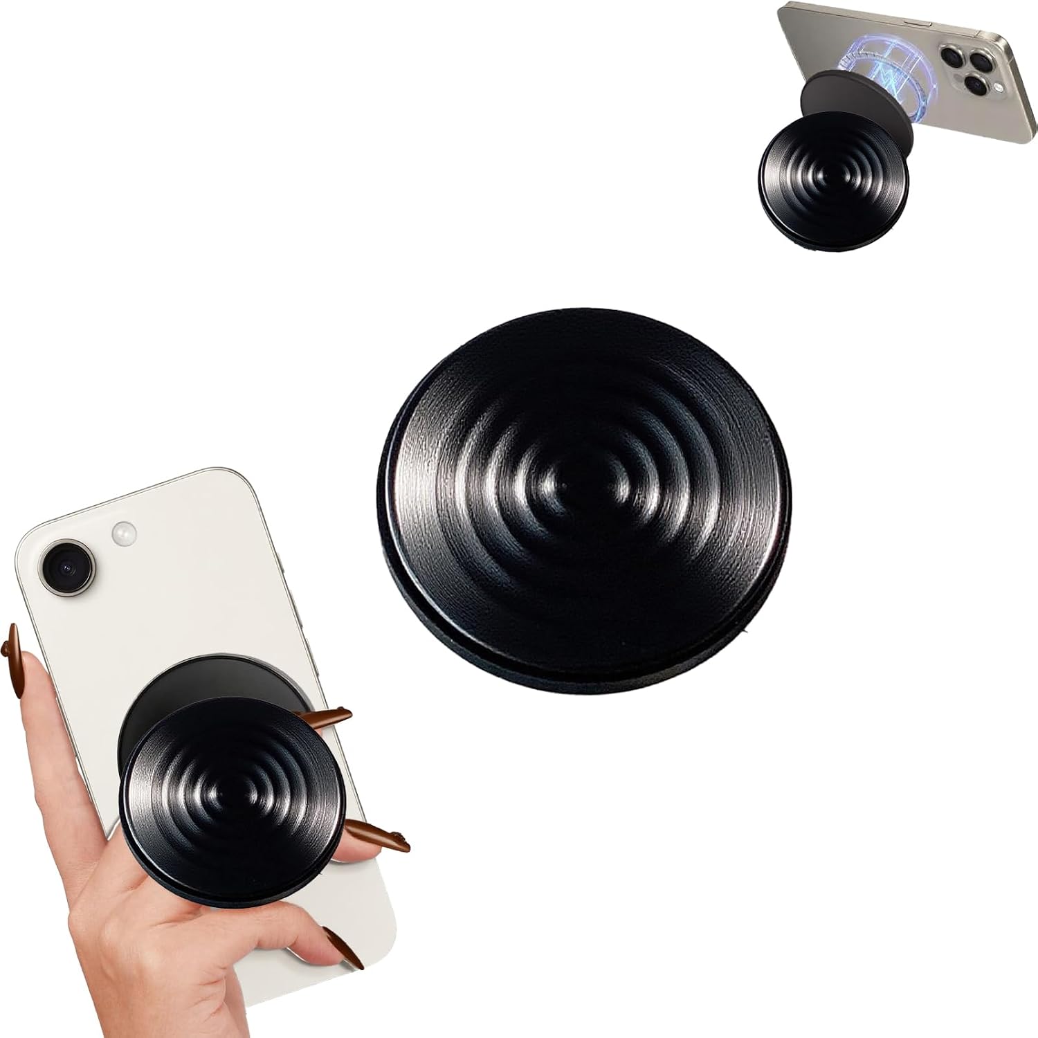 Rookii Strong Magnetic Phone Grip Compatible with Magsafe,Relax Your Fingers Cell Phone Grip Stand Magnetic Ring Holder Finger Kickstand for iPhone/Android Magnet Removable Accessories Cute (Black)