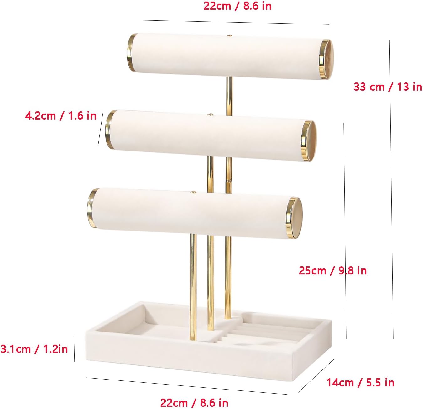 Necklace Holder,Bracelet Display,Jewelry Organizer Stand with Earrings Rings Tray,Jewelry Holder for Scrunchie Watches (Beige, 3 Tier)