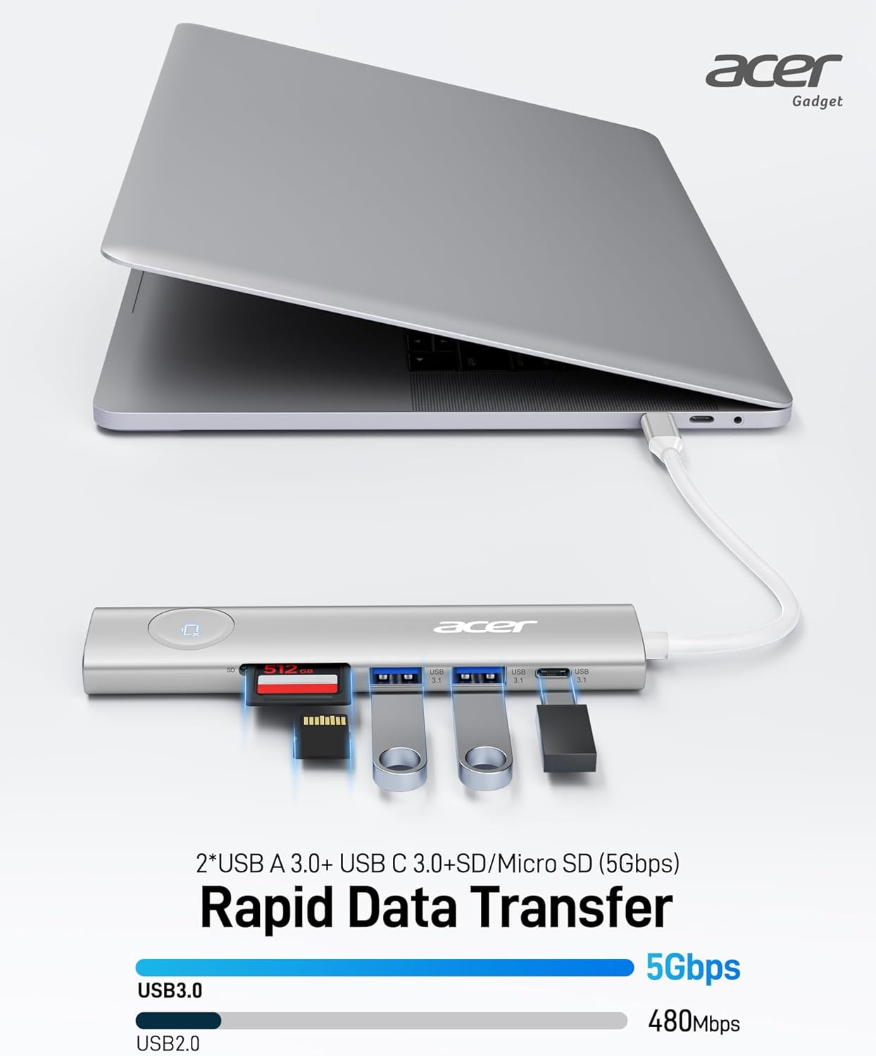 Acer USB C HUB Multiport Adapter, 7 in 1 USB-C to HDMI Adapter with 4K@60Hz, 100W PD, 5Gbps 2*USB-A 3.1, 1*Type-C 3.1, SD Card Reader Type C Dongle for iPhone 16/15, MacBook Pro/air, iPad, Acer Silver image 5 of 8 B0CYLSGVNY