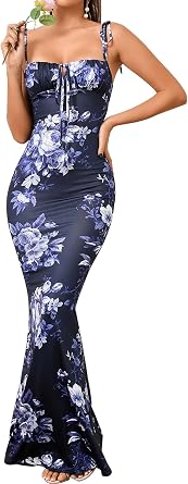 KUTUMAI Womens Summer Floral Bodycon Maxi Dress Spaghetti Strap Long Wedding Guest Baby Shower Dresses
