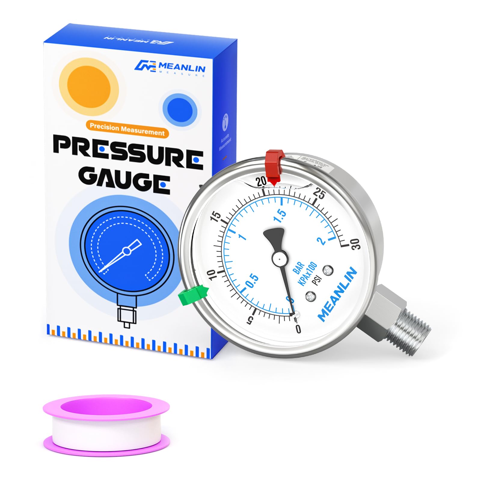 MEANLIN MEASURE 0~30Psi Liquid Filled Pressure Gauge Stainless Steel 2.5" FACE DIAL 1/4" NPT 316 Stainless Steel Joint for Pool Sand Filter Water Oil