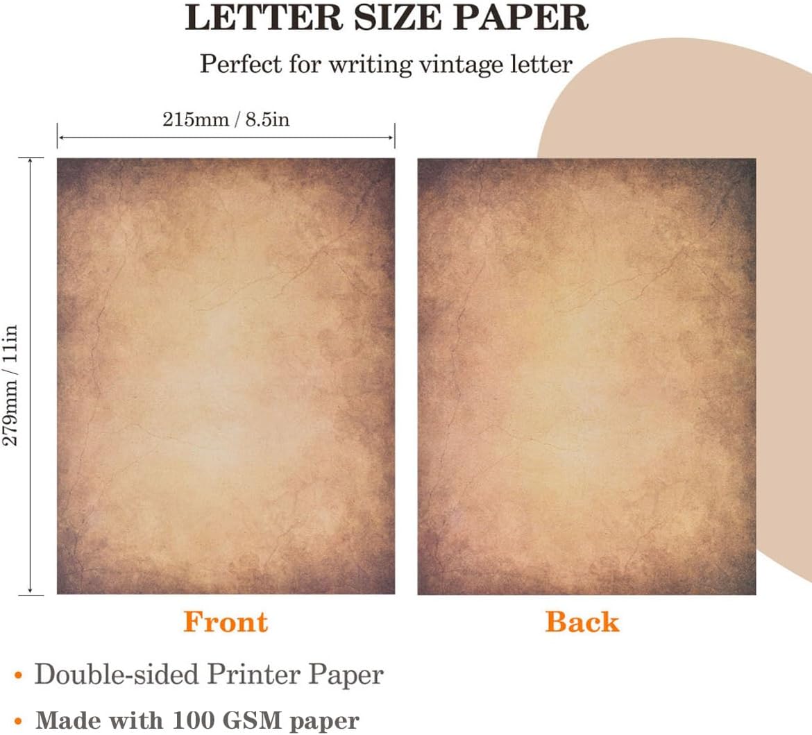 50 Sheets Vintage Scrapbook Paper 8.5 x 11,Old Looking Antique Aged Printer Paper,Letter Size Double-Sided Stationary Writing Paper for Printing & Writing Letters,Stationery Paper
