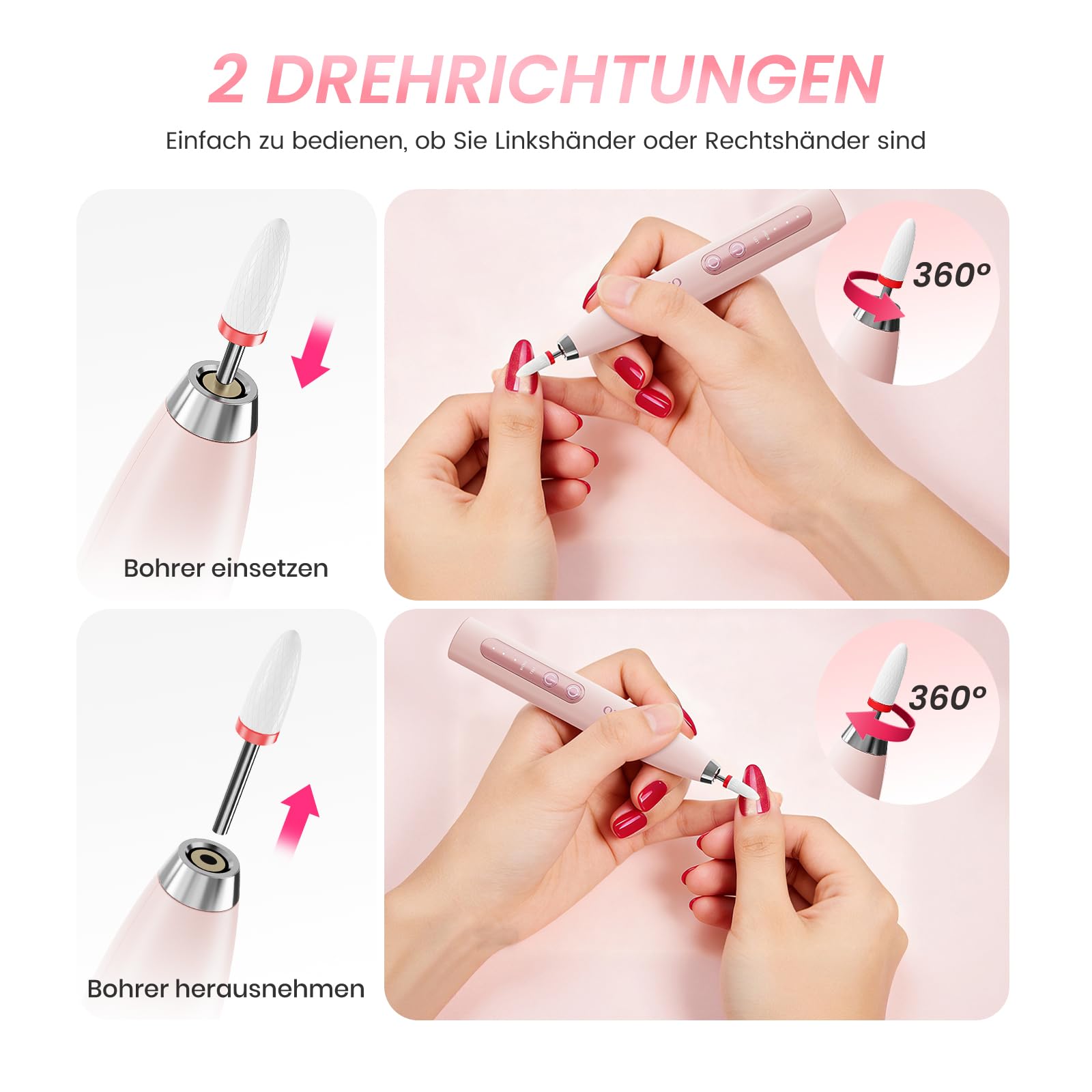 15 in 1 Elektrische Nagelfeile Kabellos 35.000 U/Min, Nagelfräser für Gelnägel Regelbare Geschwindigkeit und Richtung für Anfänger - Rosa