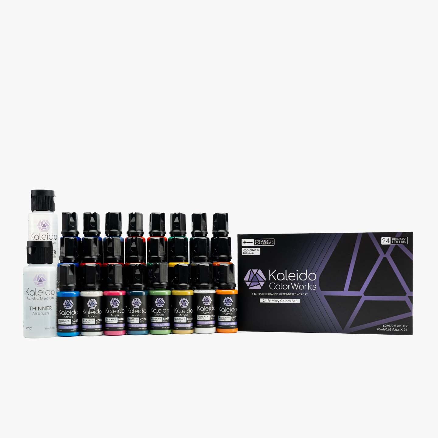 GaahleriKaleido Primary 24-Color Set – Water-Based Acrylic Airbrush Paint Kit for Scale Models, Gundam, Mecha, Cars & Miniatures – Pre-Thinned, High Gloss, Fast-Drying, with Thinner & Cleaner