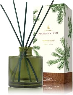 Thymes Frasier Fir Reed Diffuser Set 4oz - Green Frosted Glass Bottle, Reeds & Siberian Fir Oil - Flameless Luxury Home Fragrance