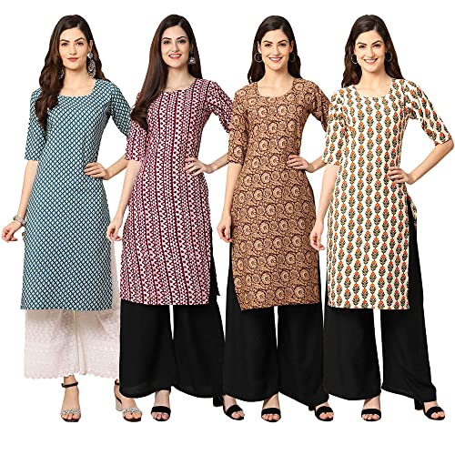 Image of Pinkmint Women's Crepe Digital Print Straight Kurta [Pack of 4] (CCV-334-338-339-335)
