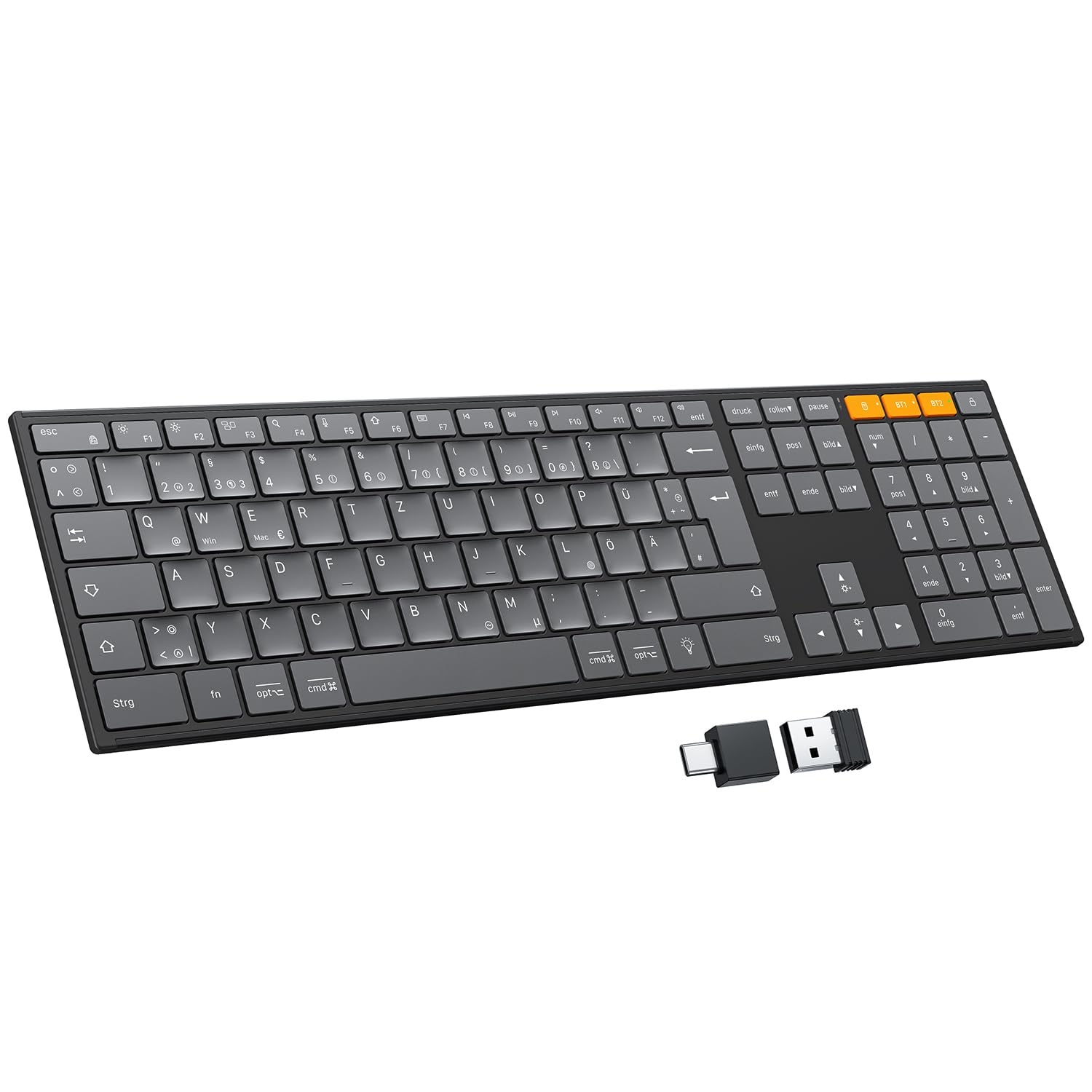 OMOTON Kabellose Tastatur Bluetooth, Metallgehäuse, Beleuchtet Tastatur (2,4G+BT) Wiederaufladbare, Multi-Device, Funktastatur Leise Ergonomische Deutsches QWERTZ Layout für Windows, Graphit